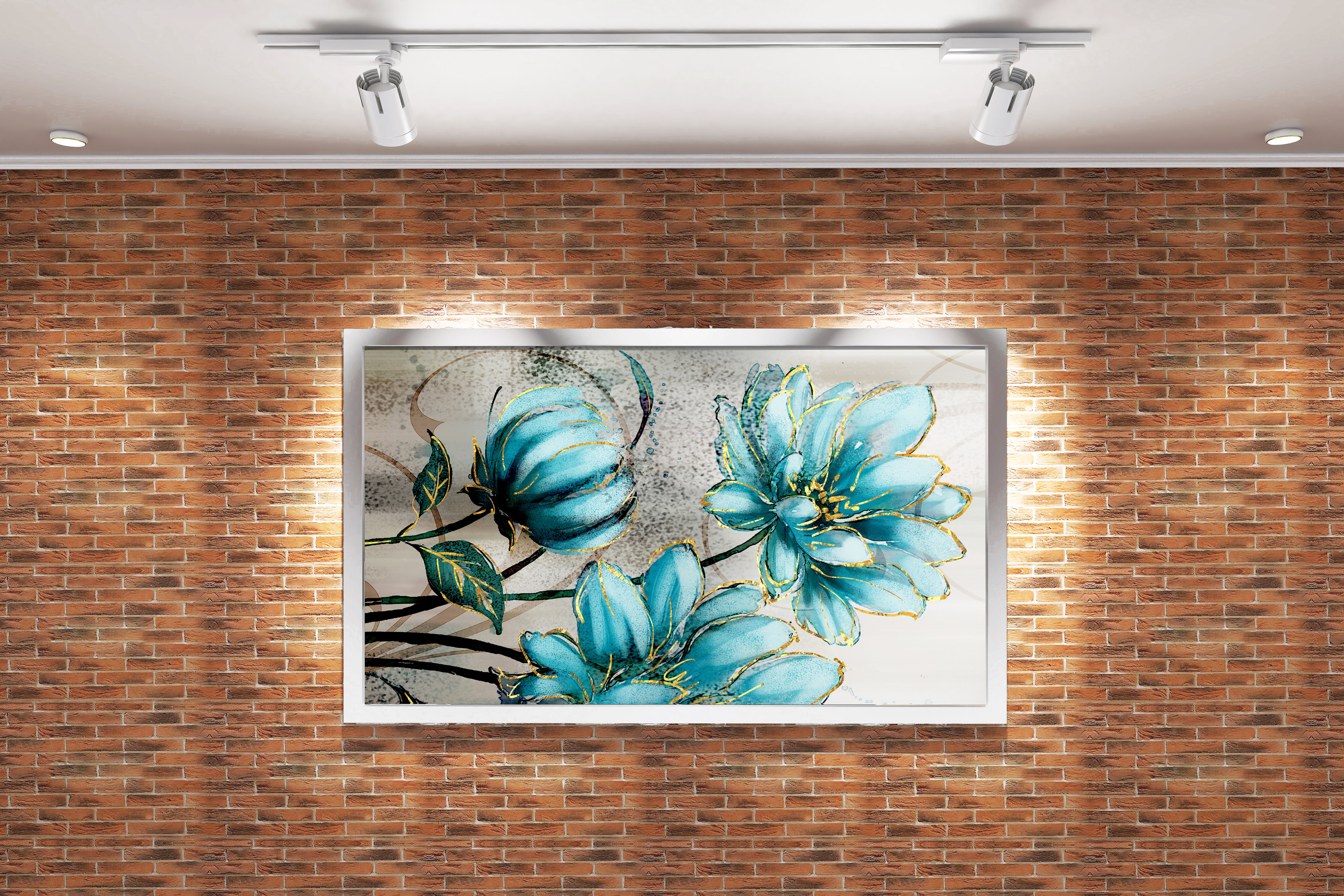 a modern illustration of turquoise flowers outlined with shimmering gold, flower motif, art, kanvas tablo