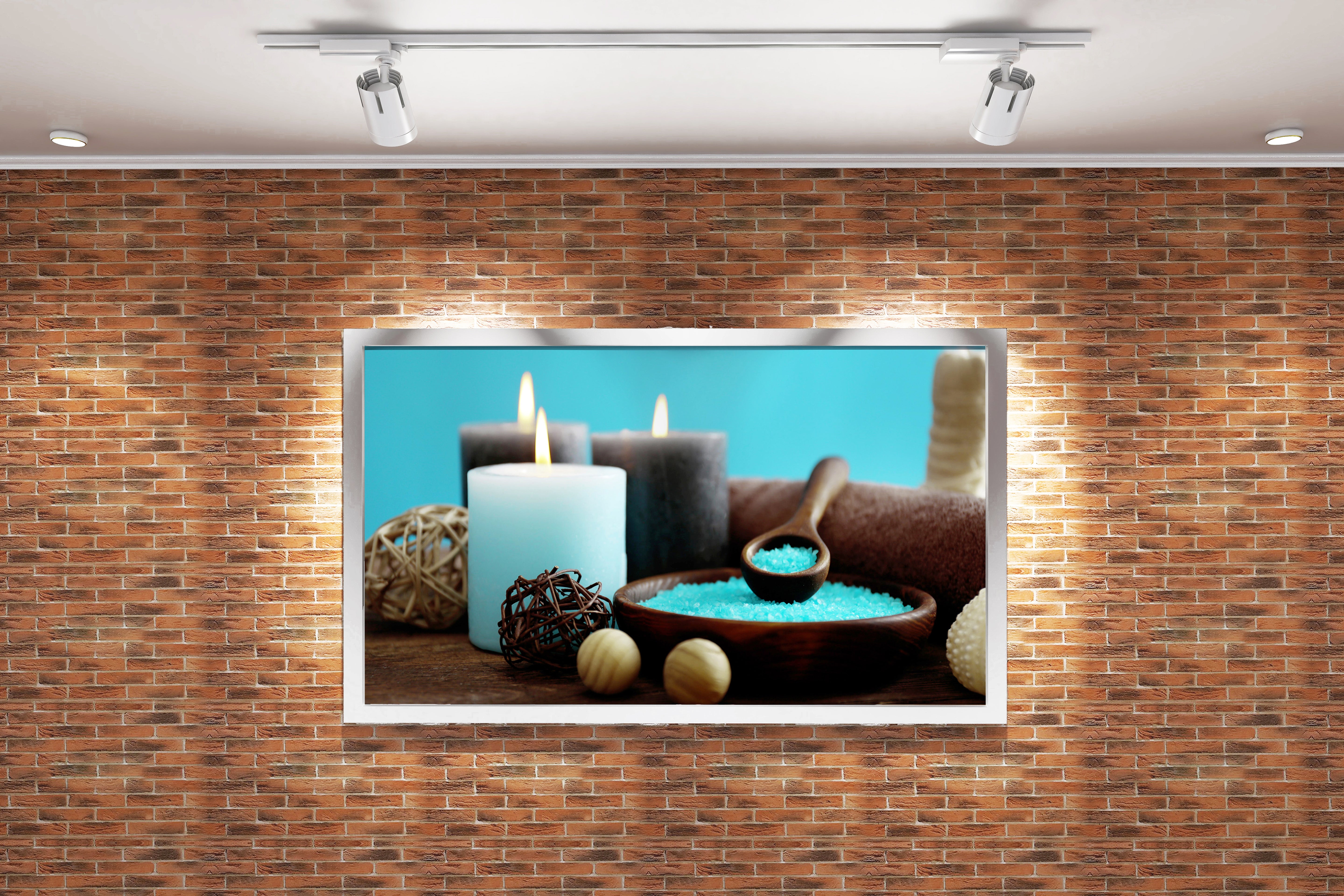 a tranquil spa scene with blue bath salts in a wooden bowl and lit candles, art, kanvas tablo