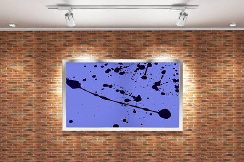 a minimalist abstract artwork with dynamic black paint splatters on a lavender background, abstract, art, kanvas tablo