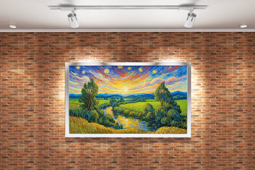 Van Gogh Cypresses and Starry Night themed river view, view, art, kanvas tablo