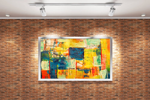 a heavily textured abstract painting with a colorful grid of warm and cool tones, abstract, art, kanvas tablo