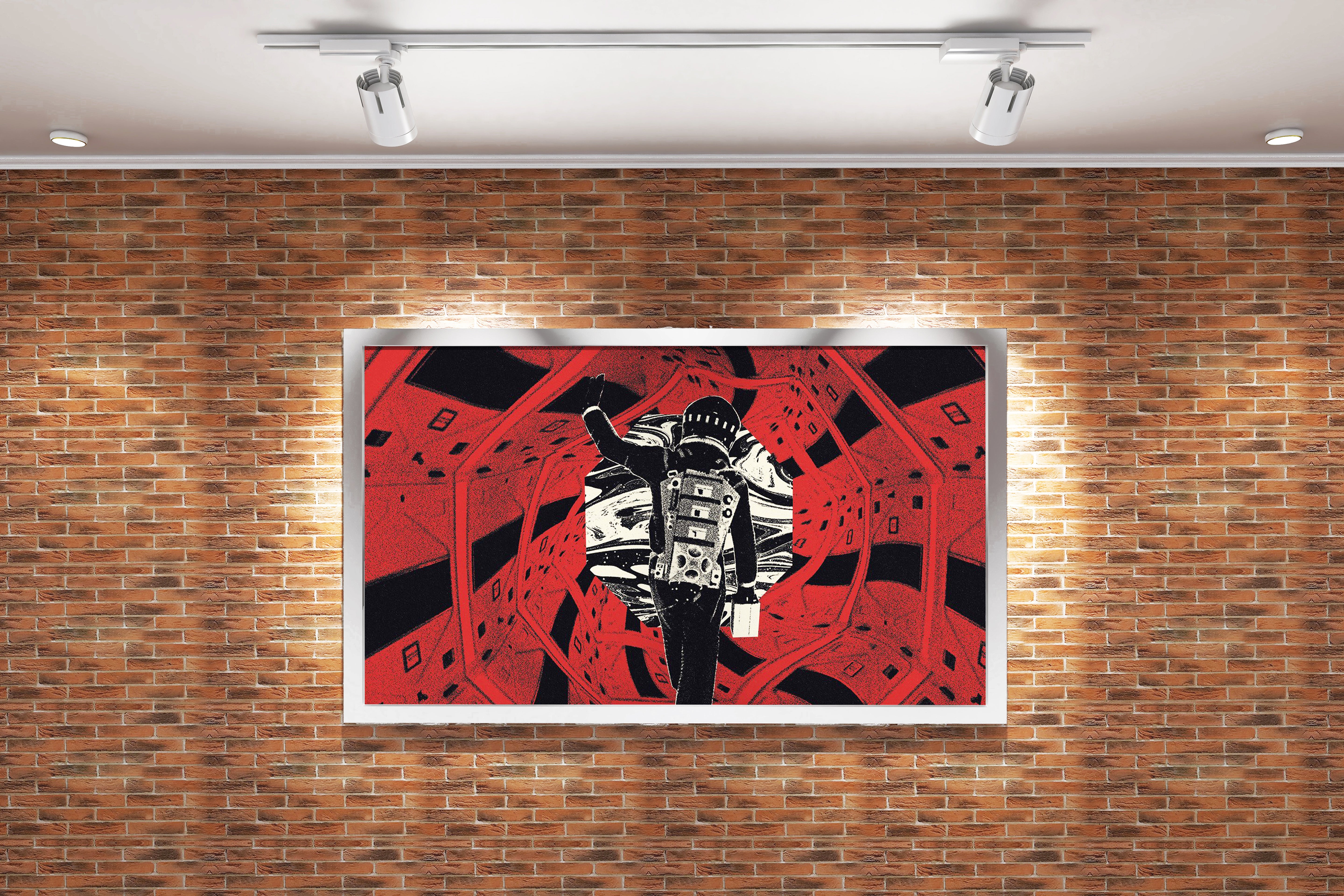 a graphic illustration of an astronaut in the red corridor from 2001, art, kanvas tablo