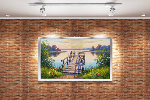 pier and nature view by the river with colorful flowers model 1, view, ai art, art, kanvas tablo
