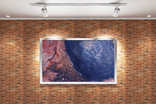 a macro view of fluid art with deep blue and sparkling terracotta red swirls, abstract, art, kanvas tablo