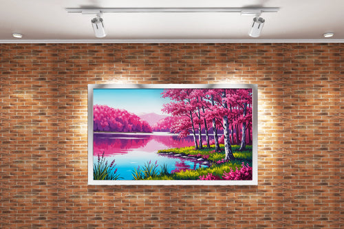 pink themed forest and river, view, art, kanvas tablo