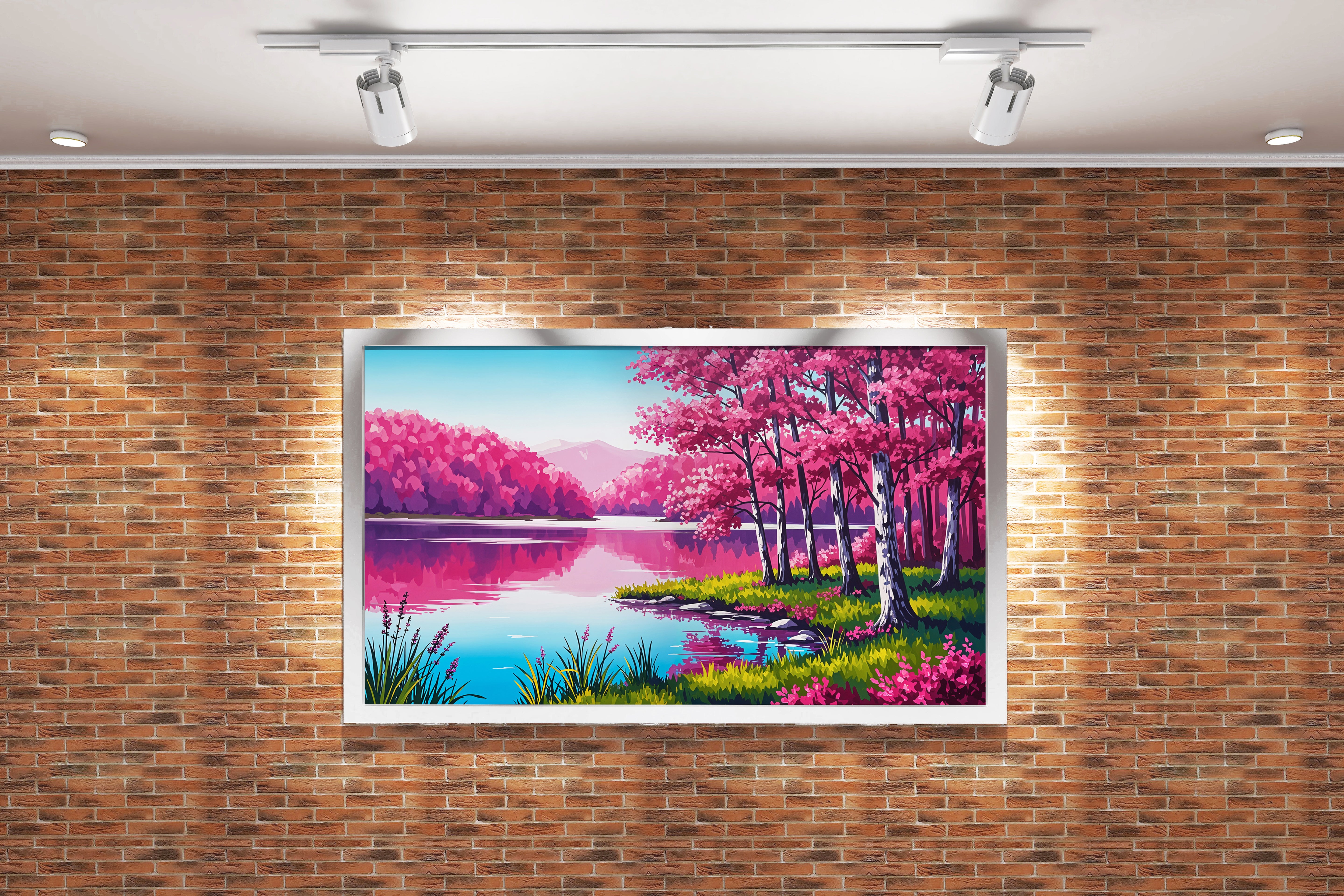 pink themed forest and river, view, art, kanvas tablo