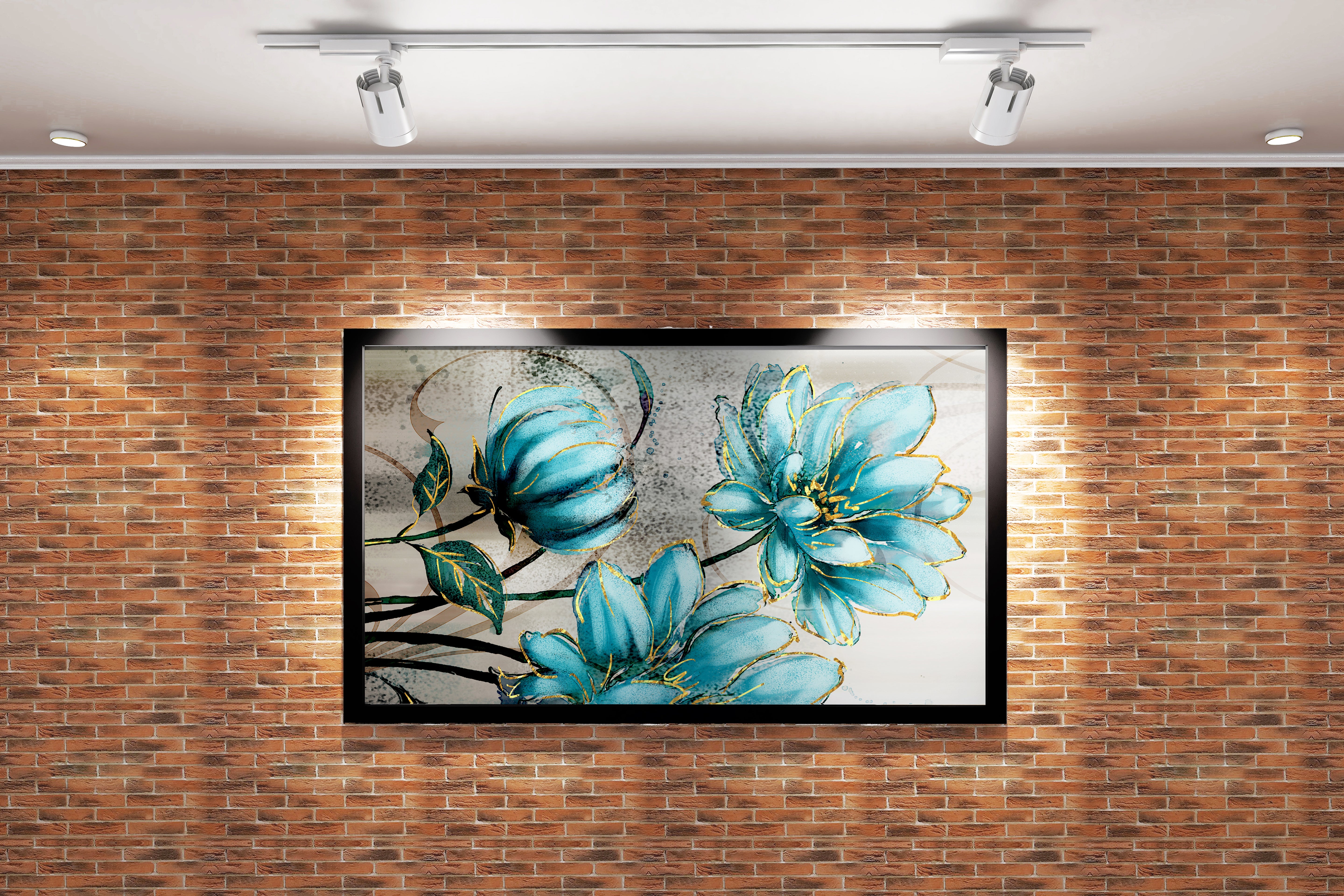 a modern illustration of turquoise flowers outlined with shimmering gold, flower motif, art, kanvas tablo