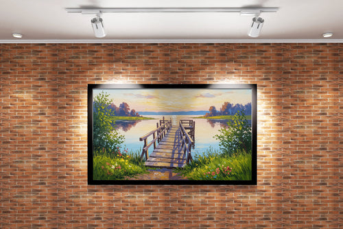 pier and nature view by the river with colorful flowers model 1, view, ai art, art, kanvas tablo