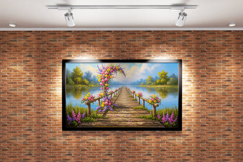 pier and nature view by the river with colorful flowers model 2, view, ai art, art, kanvas tablo