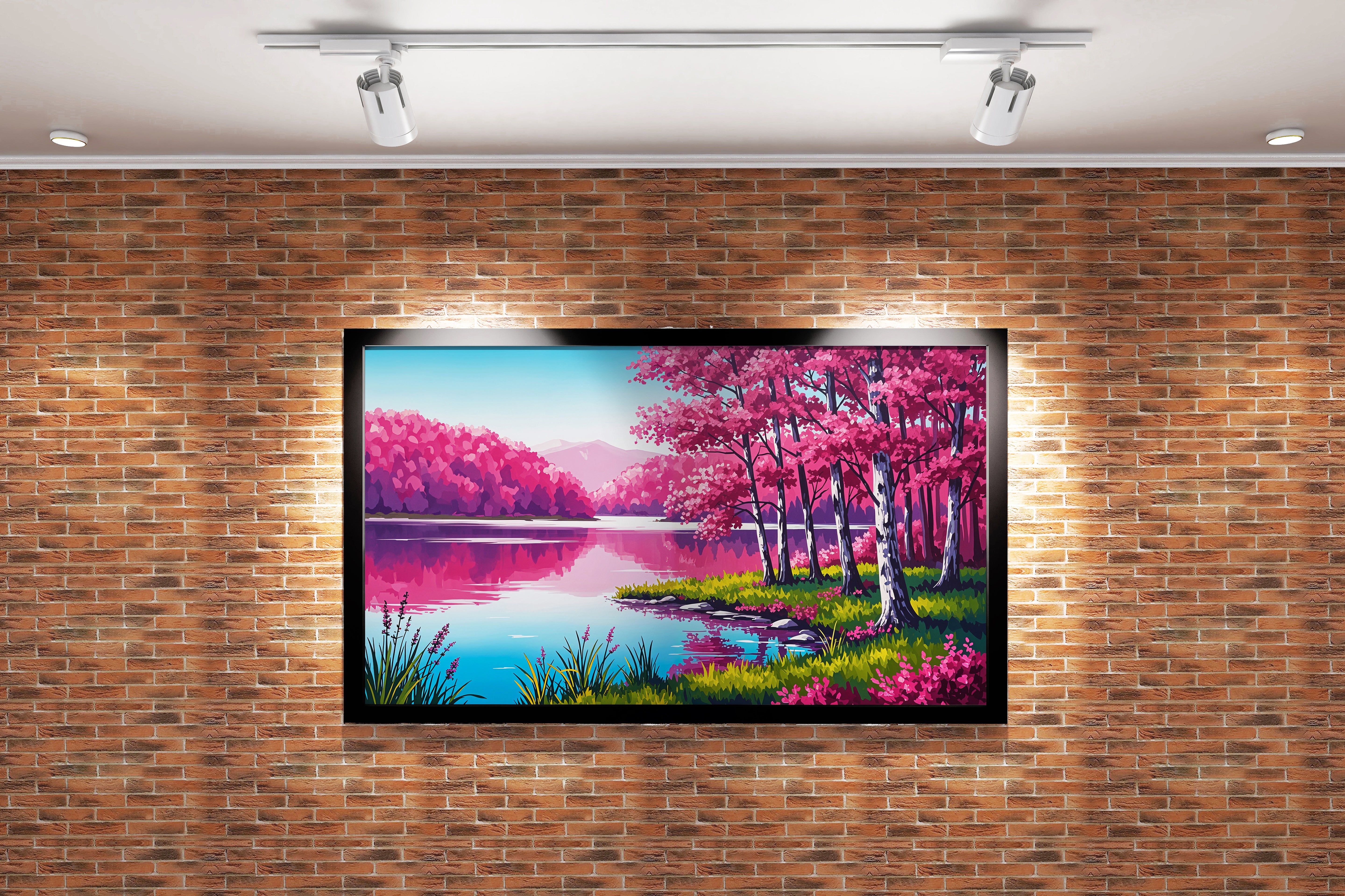 pink themed forest and river, view, art, kanvas tablo