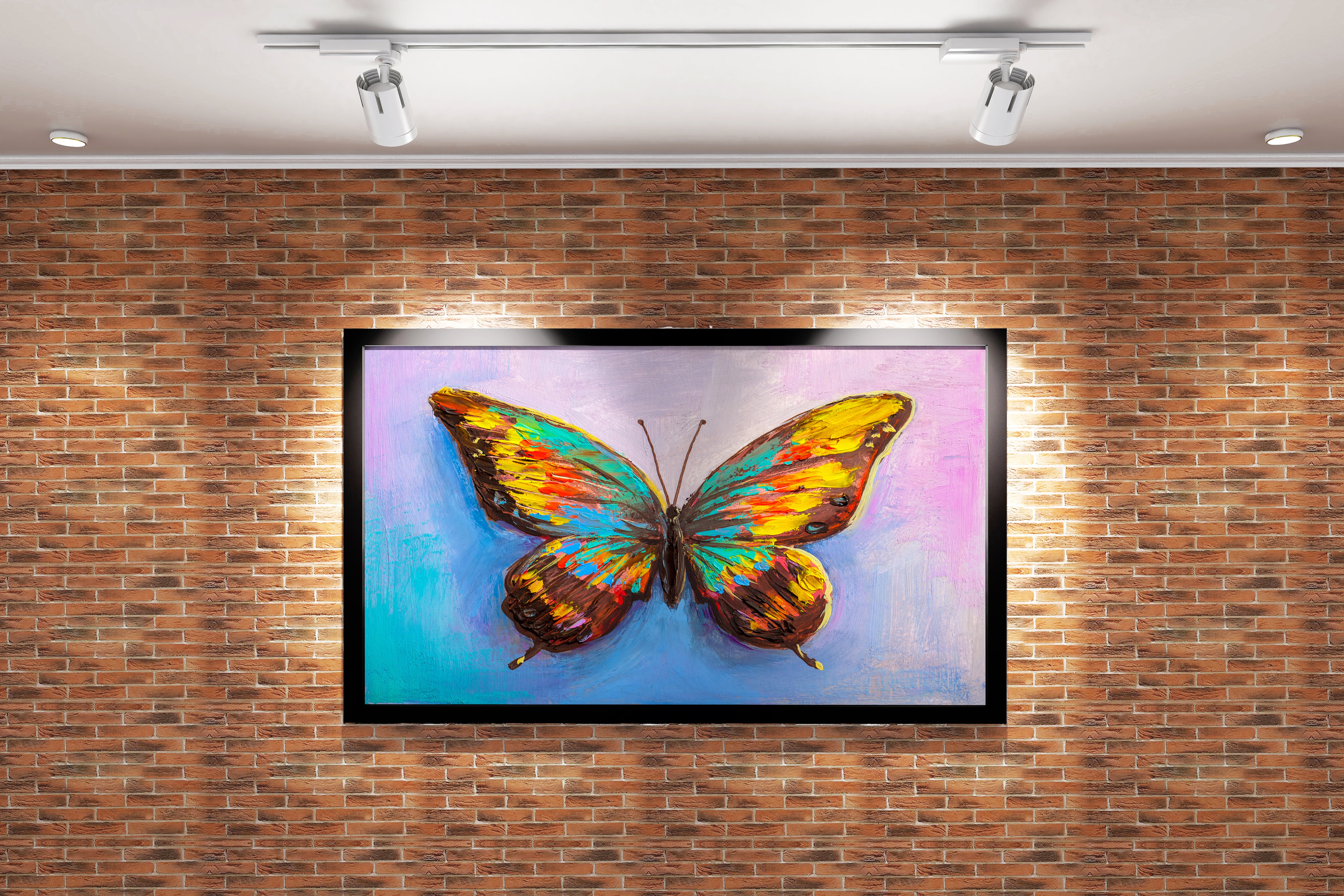 a vibrant, textured palette knife painting of a single colorful butterfly, flower motif, art, kanvas tablo