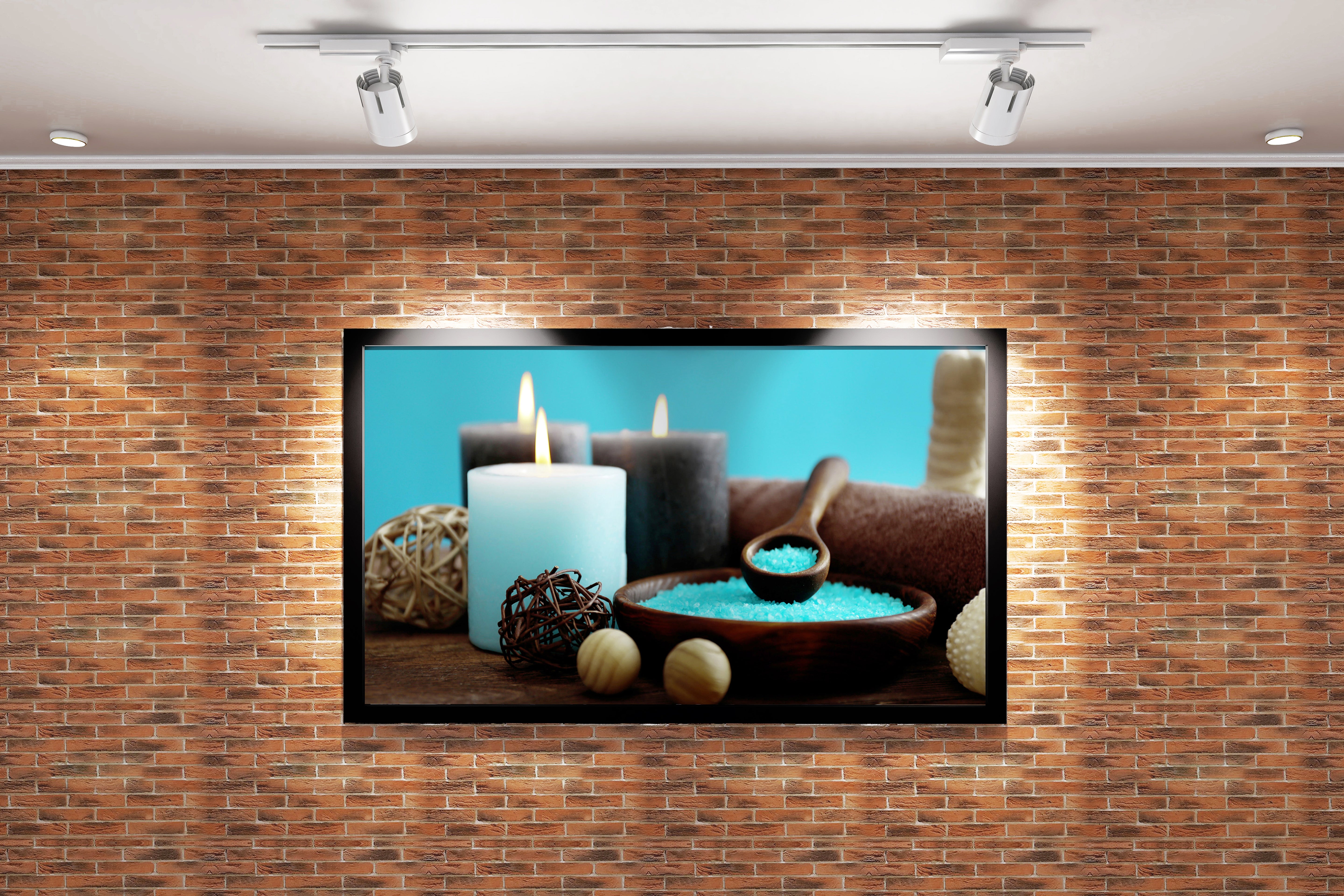 a tranquil spa scene with blue bath salts in a wooden bowl and lit candles, art, kanvas tablo
