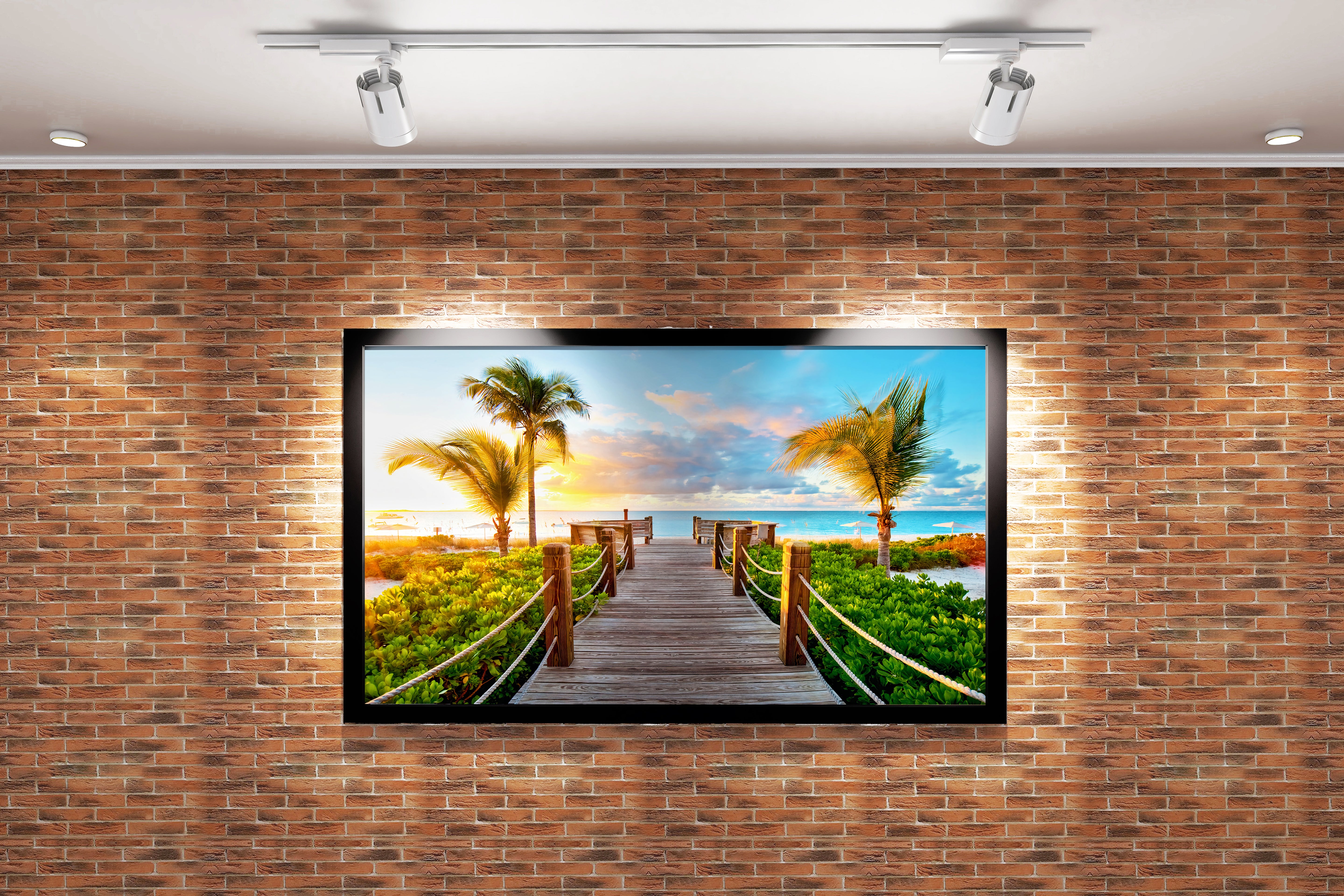 a wooden walkway to a serene paradise beach with palm trees at sunset, view, art, kanvas tablo