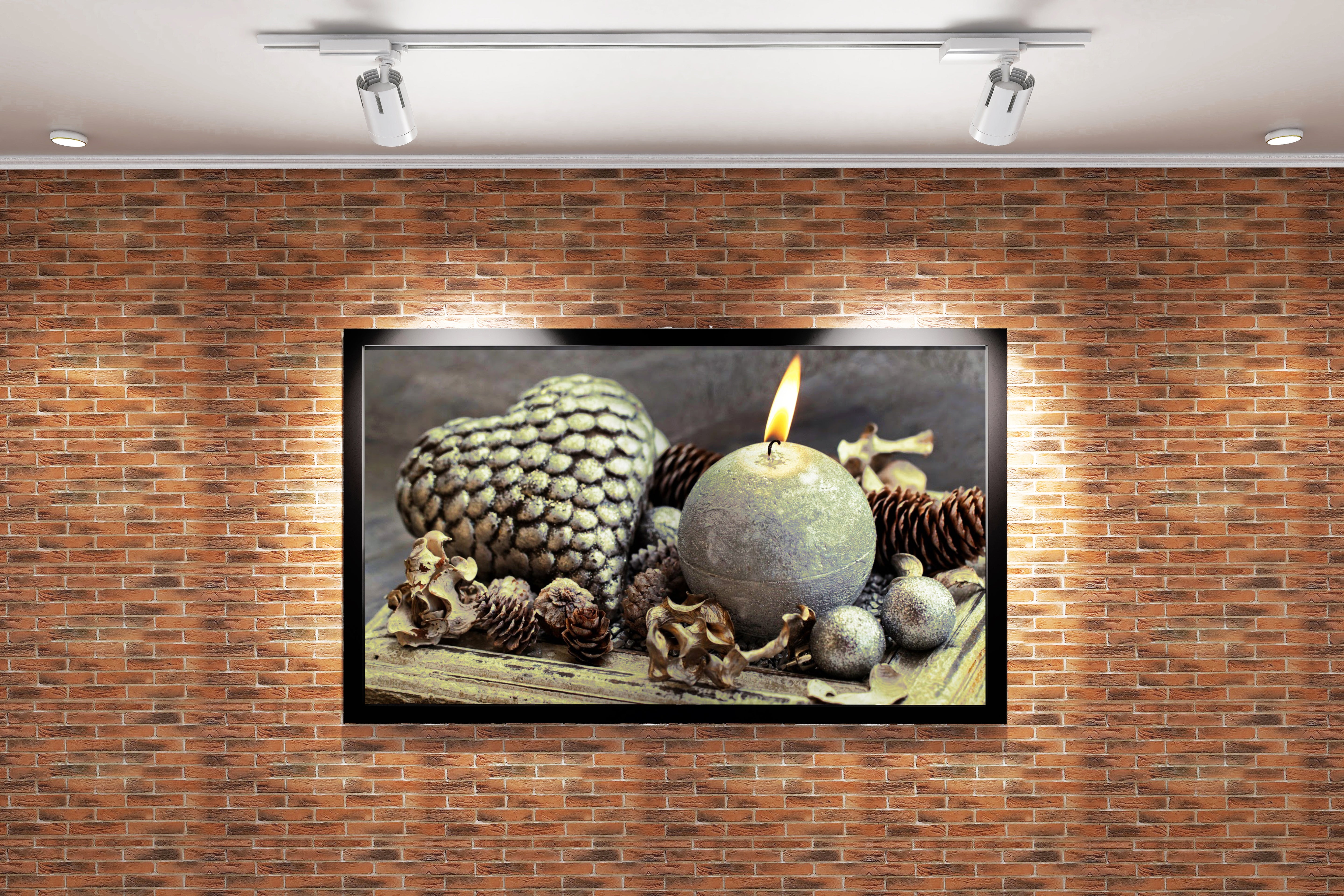 a cozy, rustic winter display with a lit candle, pinecones, and a heart, art, kanvas tablo