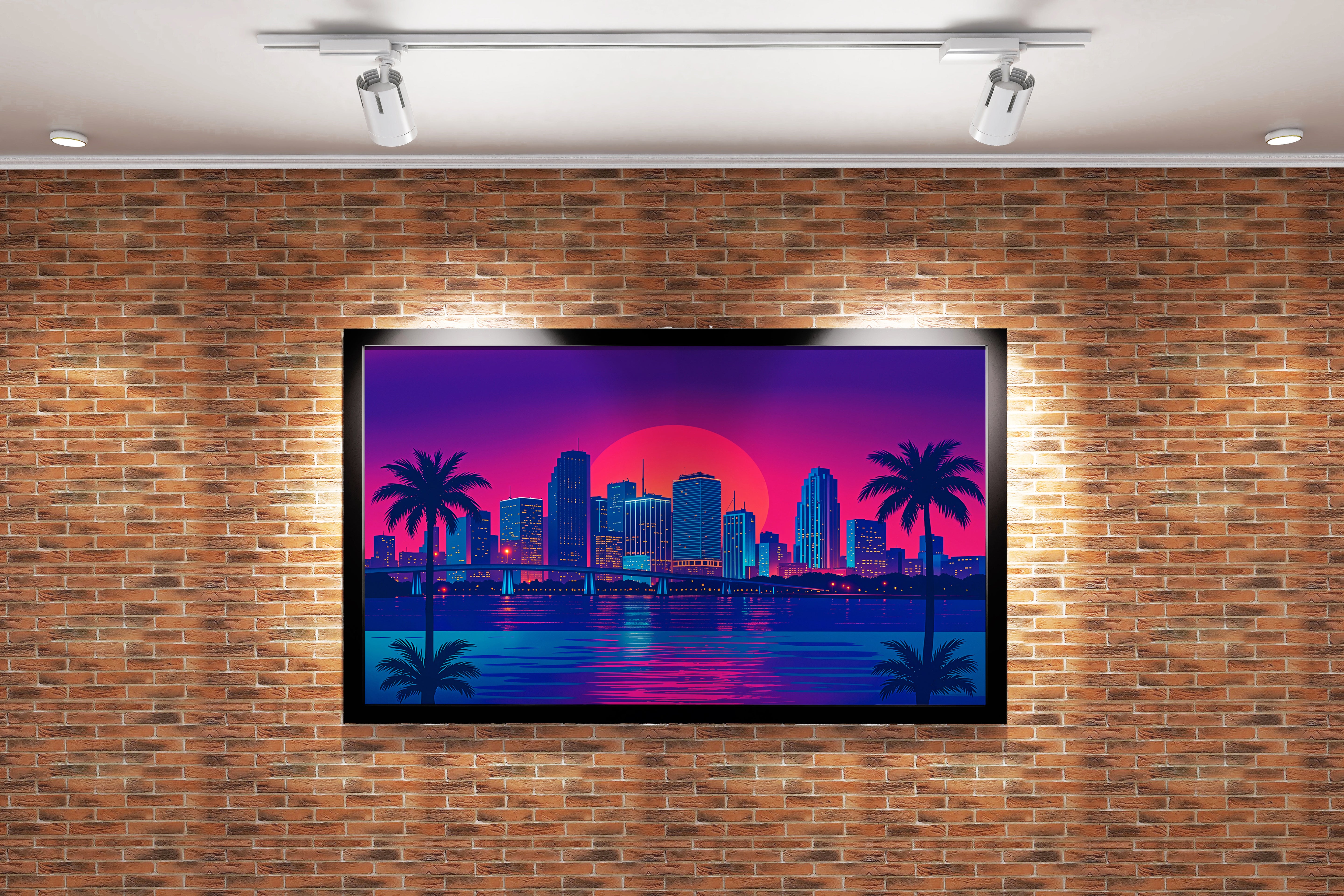 ai creation, sunset in a retrowave and cyberpunk looking city, ai art, art, kanvas tablo