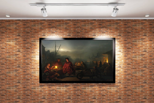 Petrus van Schendel'in Işık Ustası Eseri Ay Işığında Pazar Yeri Romantik Kanvas Tablo