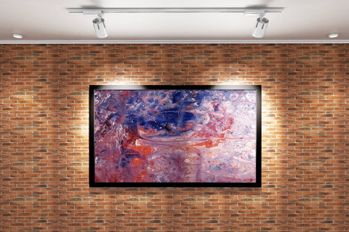 a detailed and complex fluid art painting with pink, blue, and sparkling red colors, abstract, art, kanvas tablo