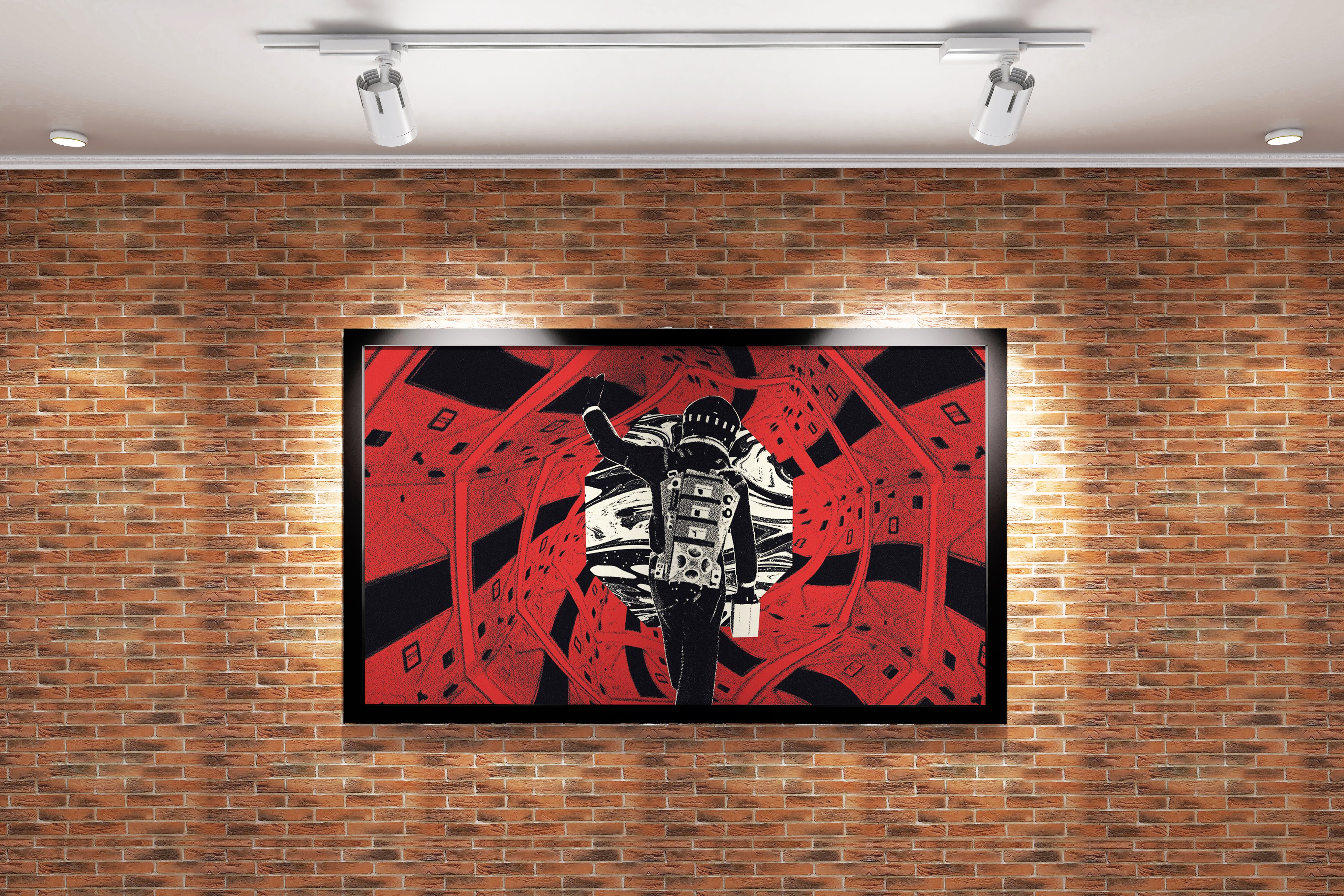 a graphic illustration of an astronaut in the red corridor from 2001, art, kanvas tablo