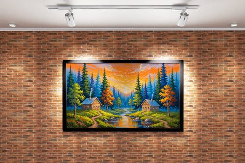 two huts forest view at sunset model 1, view, art, kanvas tablo