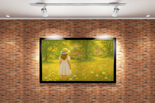 forest and small hut with flower view with little girl in a hat, view, art, kanvas tablo
