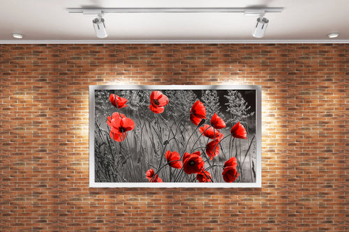 flower motif, red flowers blooming via dark theme, art, kanvas tablo
