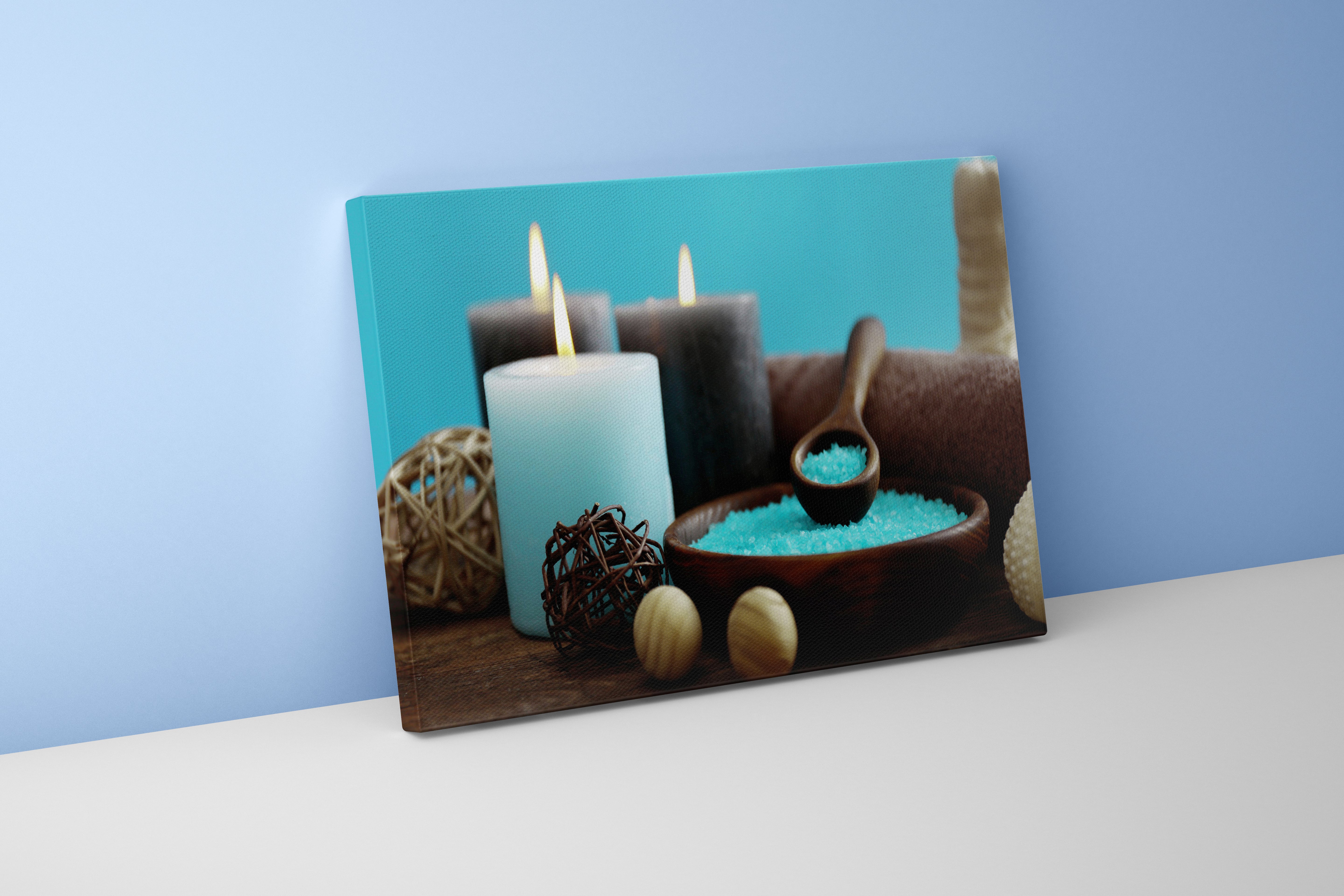 a tranquil spa scene with blue bath salts in a wooden bowl and lit candles, art, kanvas tablo