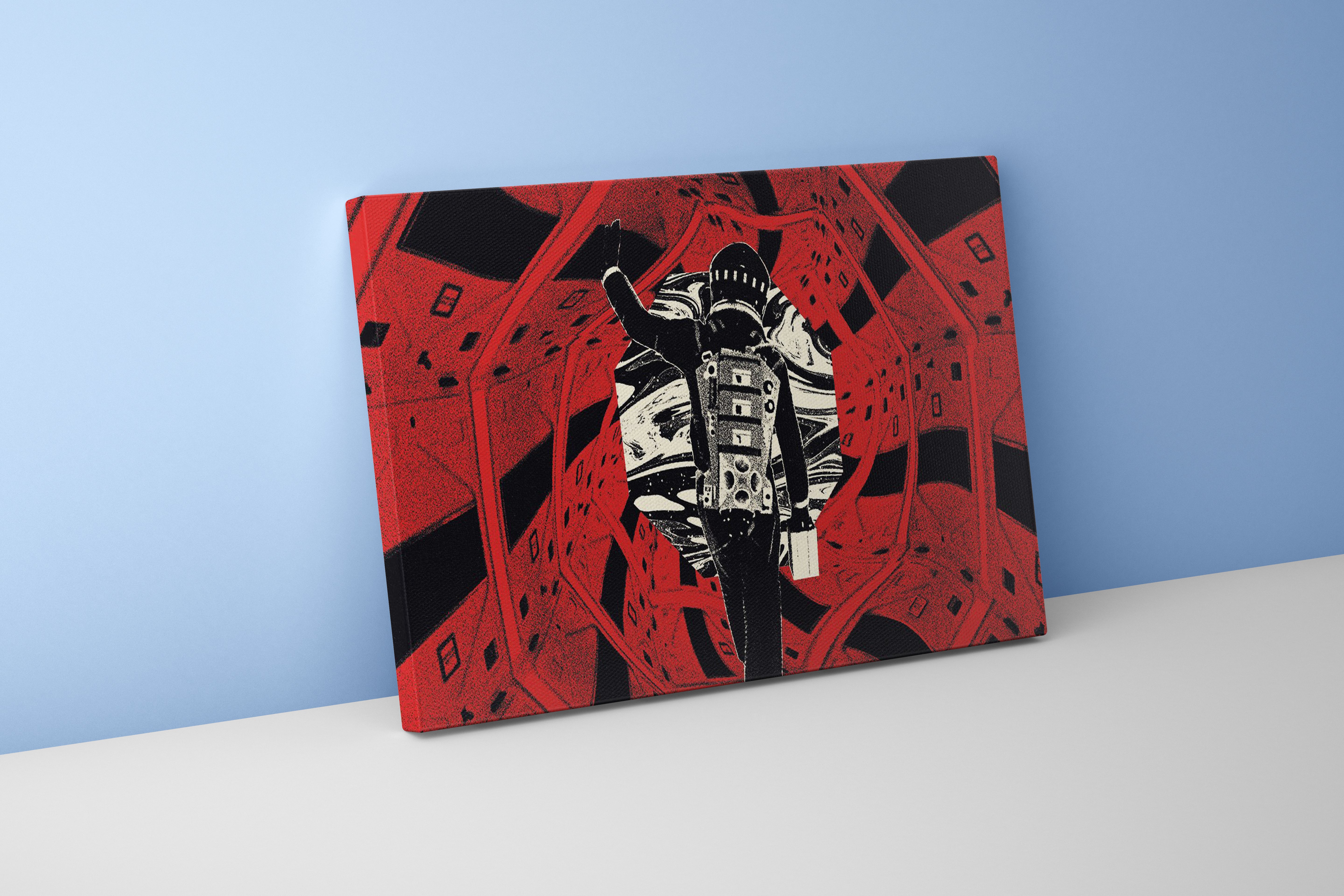a graphic illustration of an astronaut in the red corridor from 2001, art, kanvas tablo