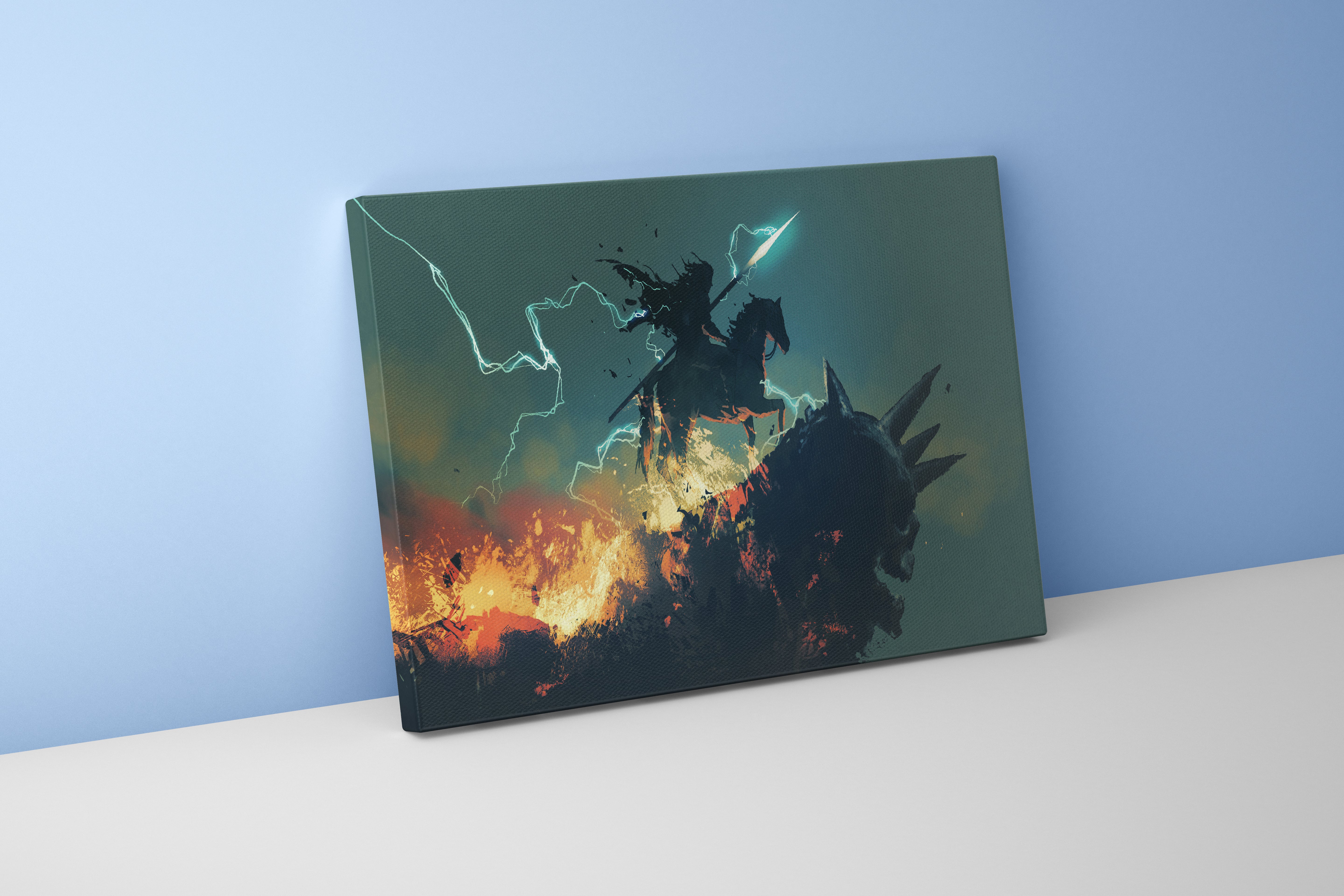 a dark knight on horseback on a slain dragon amidst fire and lightning, ai art, art, kanvas tablo