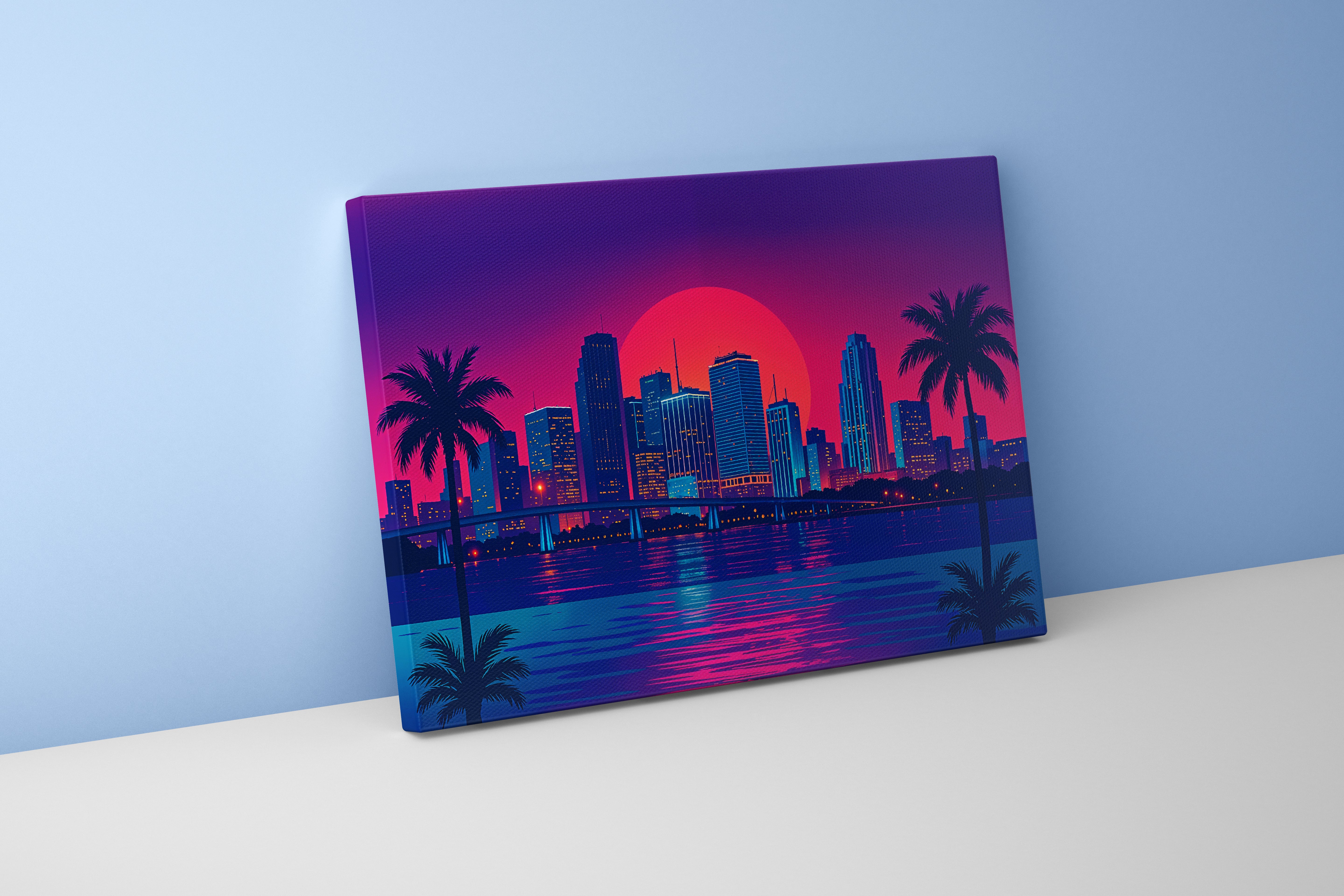 ai creation, sunset in a retrowave and cyberpunk looking city, ai art, art, kanvas tablo