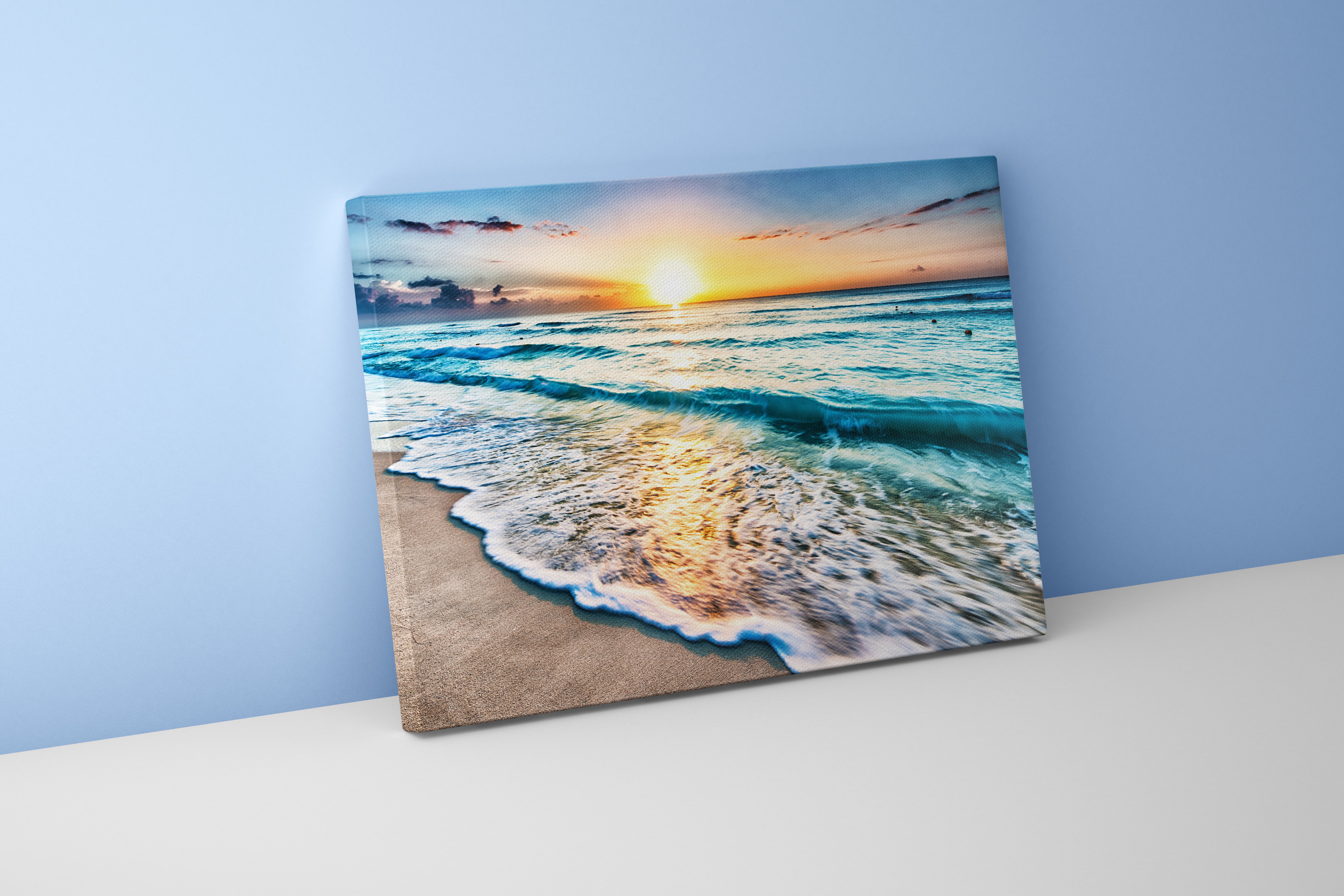 a serene beach at sunrise with turquoise waves and a golden sun reflection, view, art, kanvas tablo