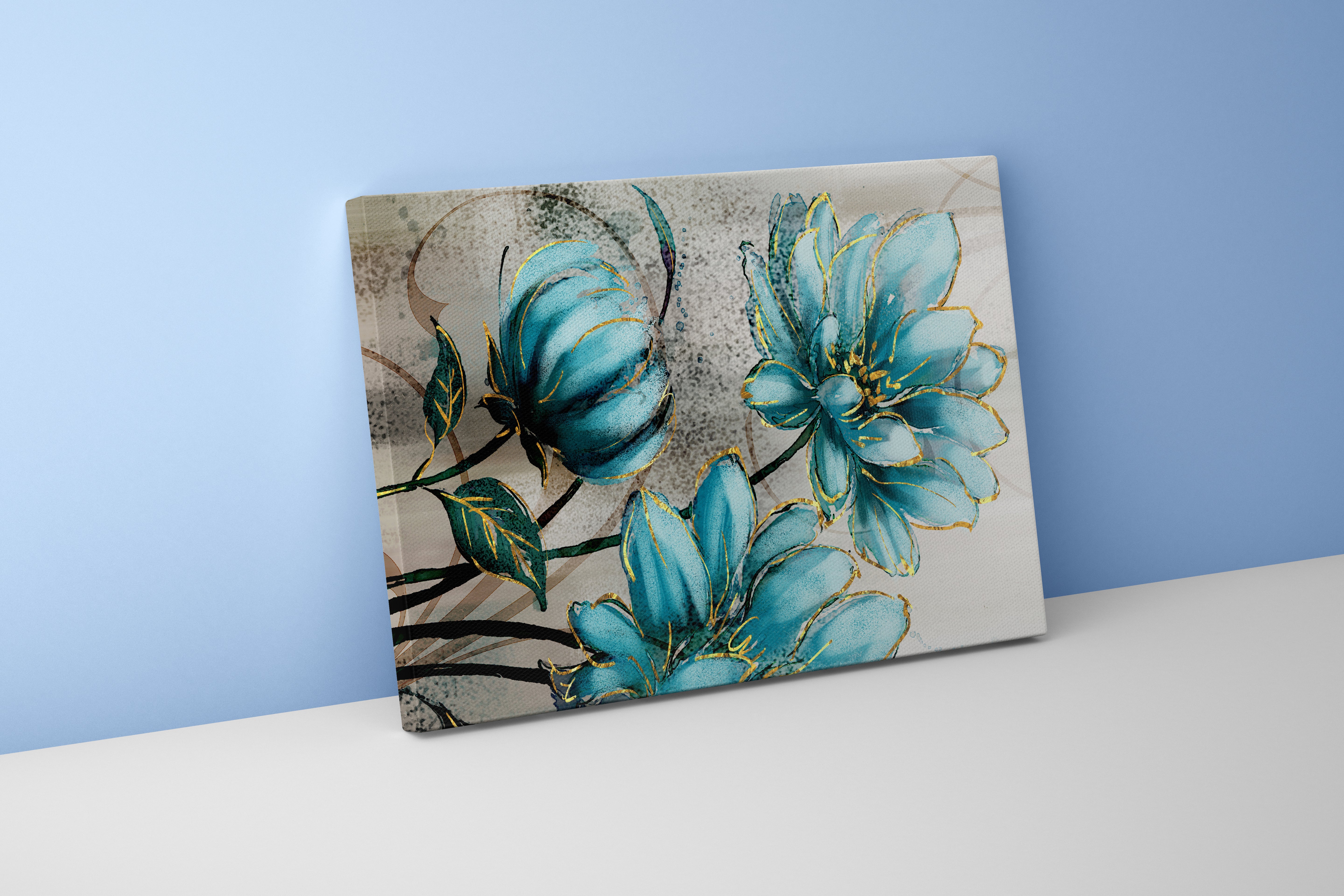 a modern illustration of turquoise flowers outlined with shimmering gold, flower motif, art, kanvas tablo