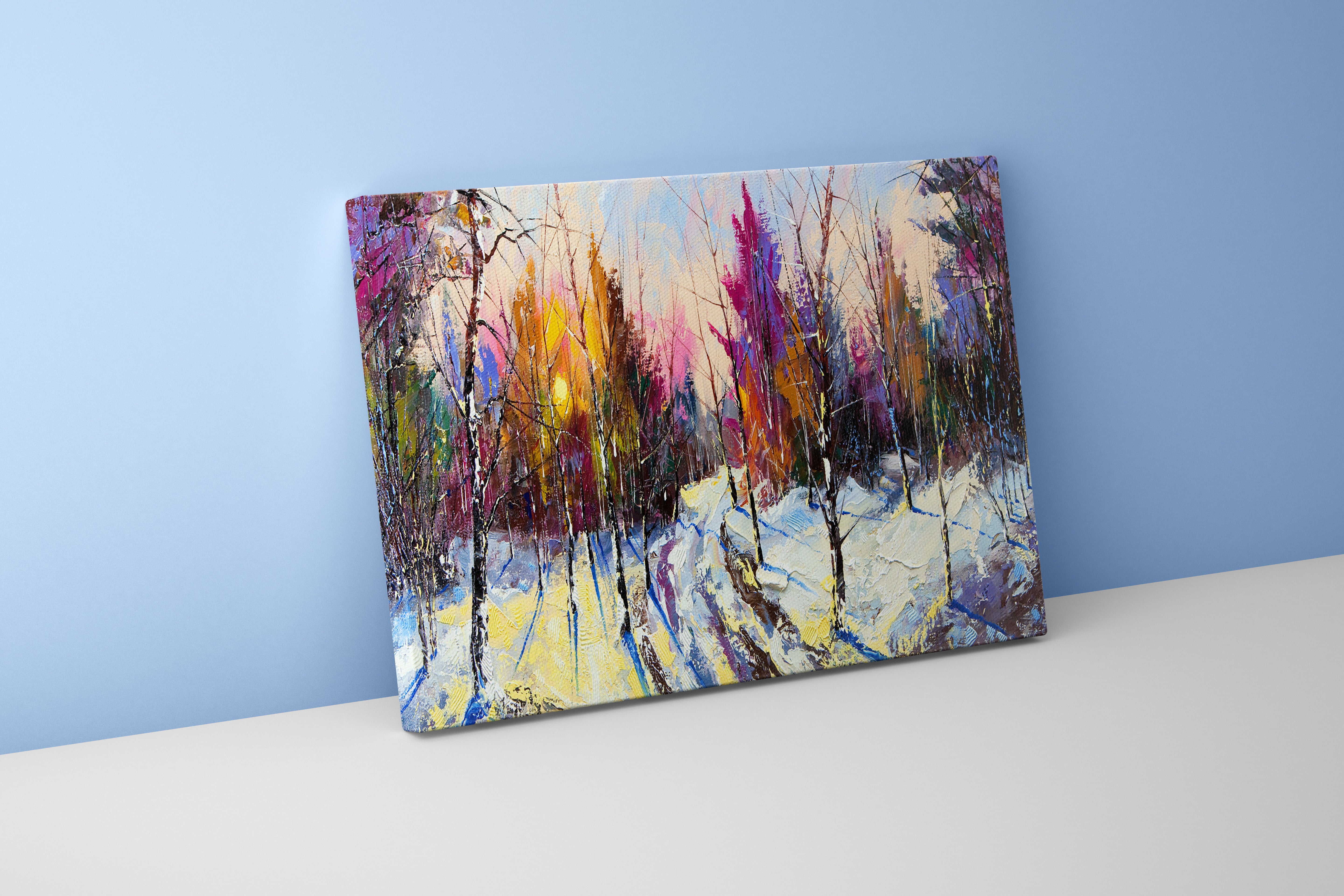 a vibrant palette knife painting of a snowy forest path at sunrise, view, art, kanvas tablo