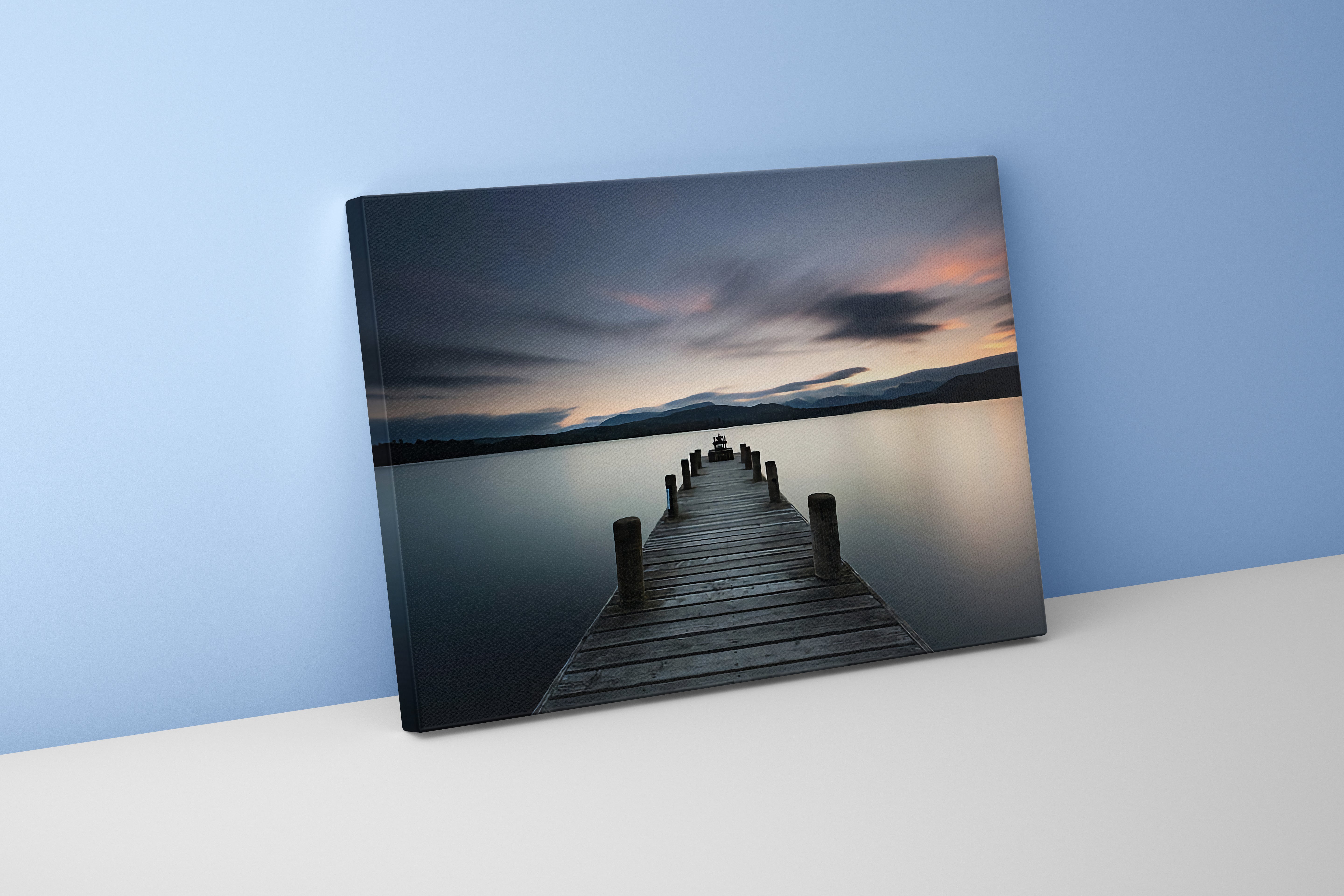 a serene wooden pier on a glassy lake with a moody, long exposure sky, view, art, kanvas tablo