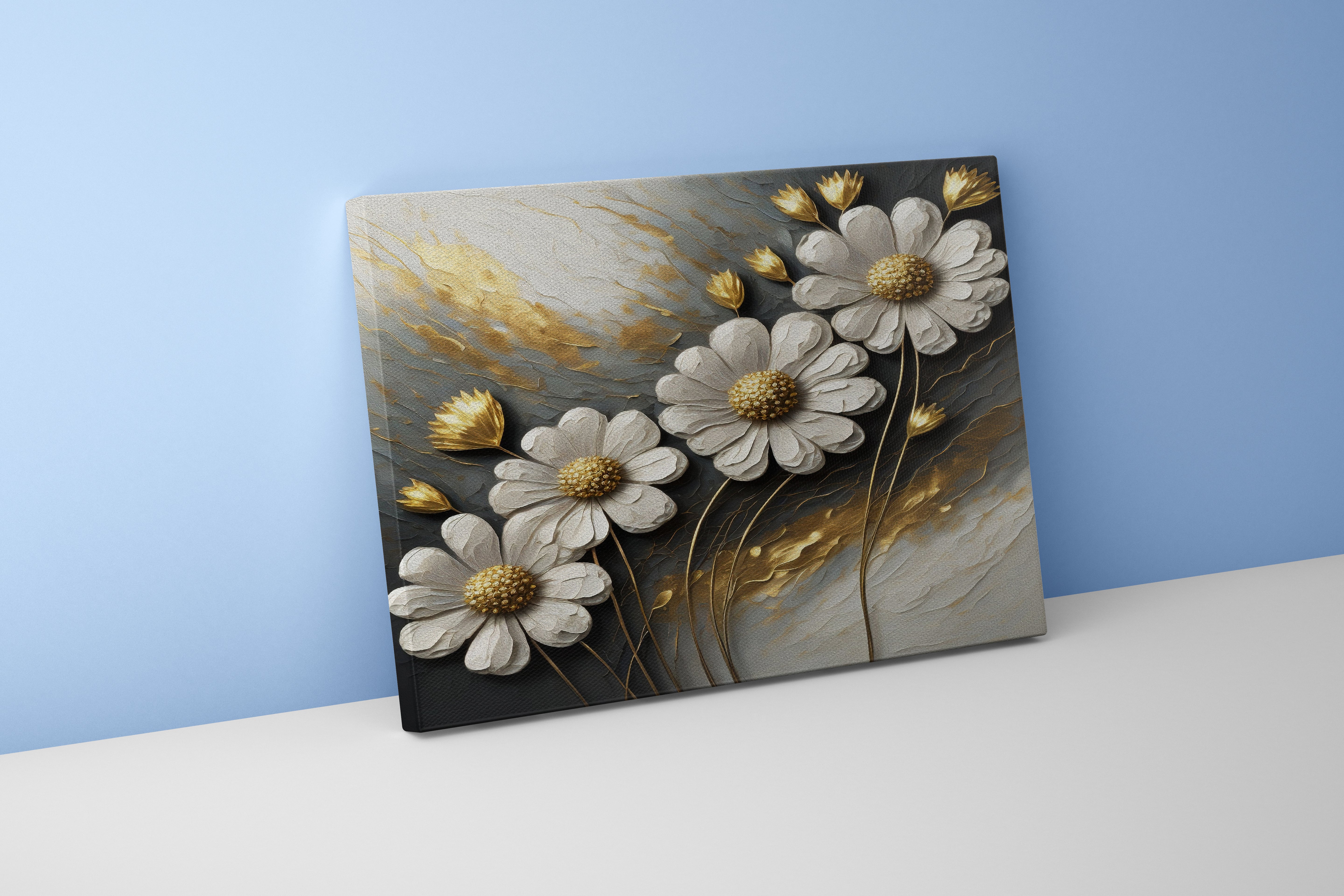 3d white daisies with golden centers on a grey and gold impasto background, flower motif, art, kanvas tablo