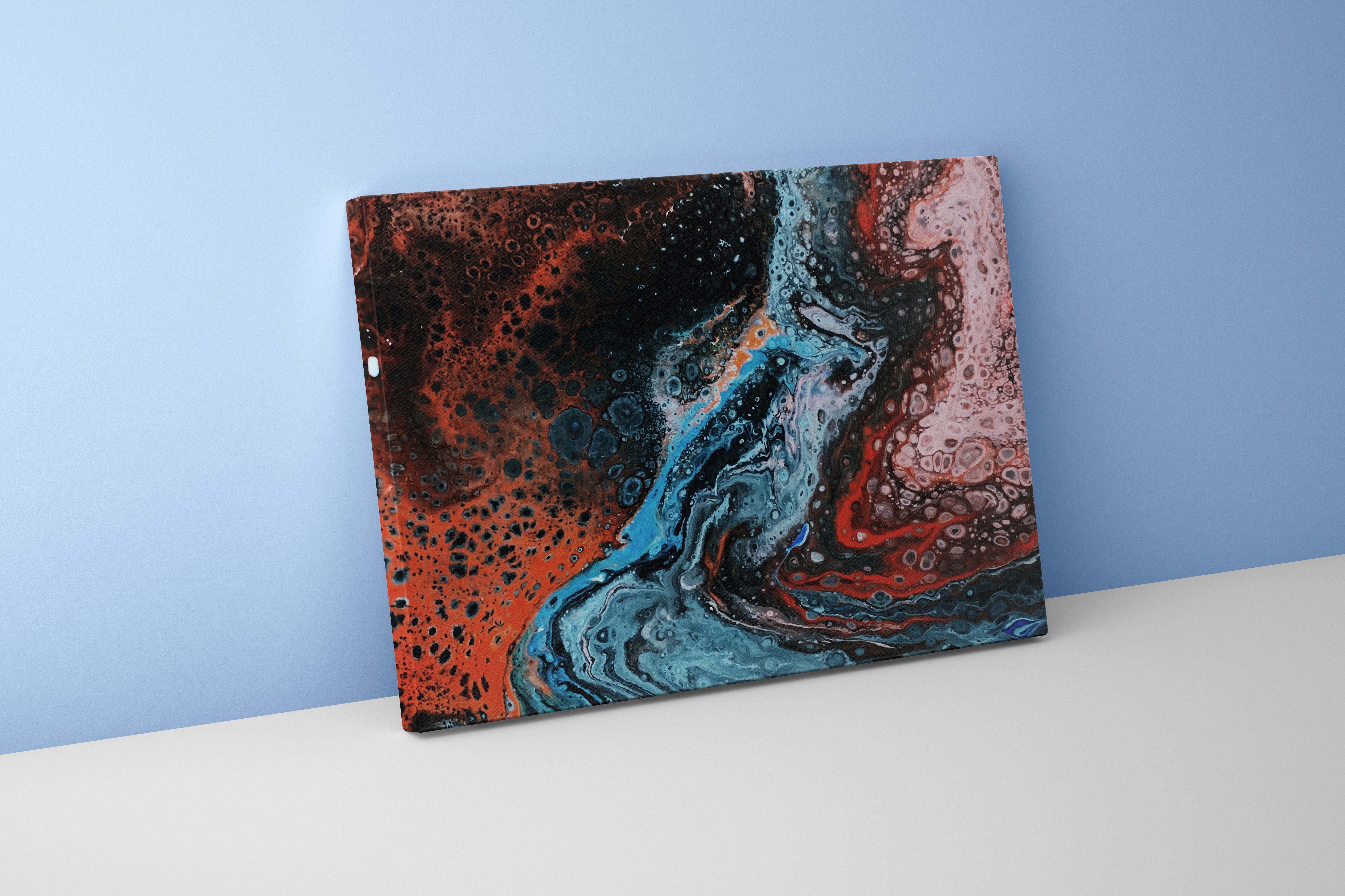 a detailed fluid art painting with cellular structures in red, black and blue, abstract, art, kanvas tablo