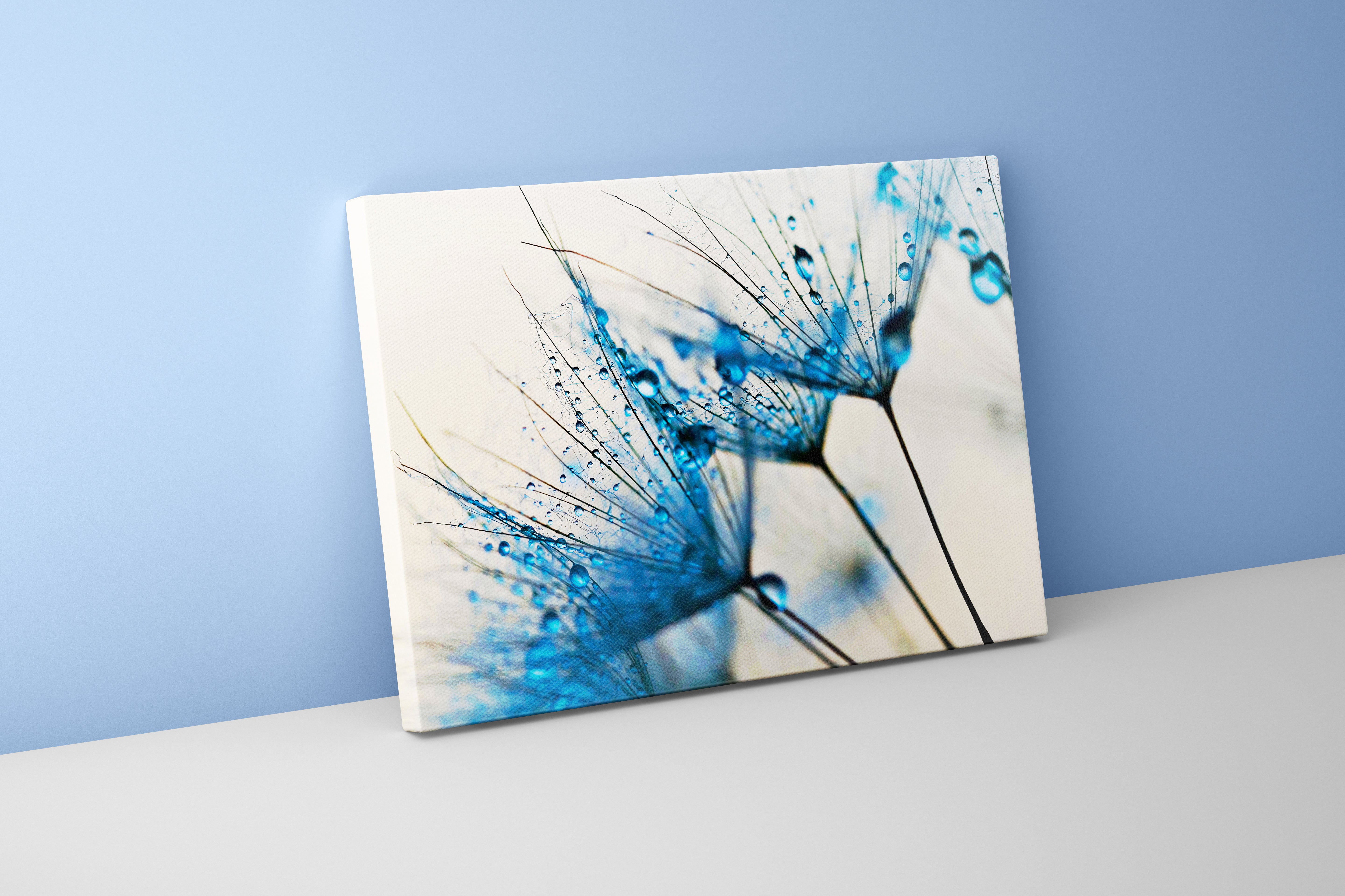 flower motif, blue water drops, art, kanvas tablo